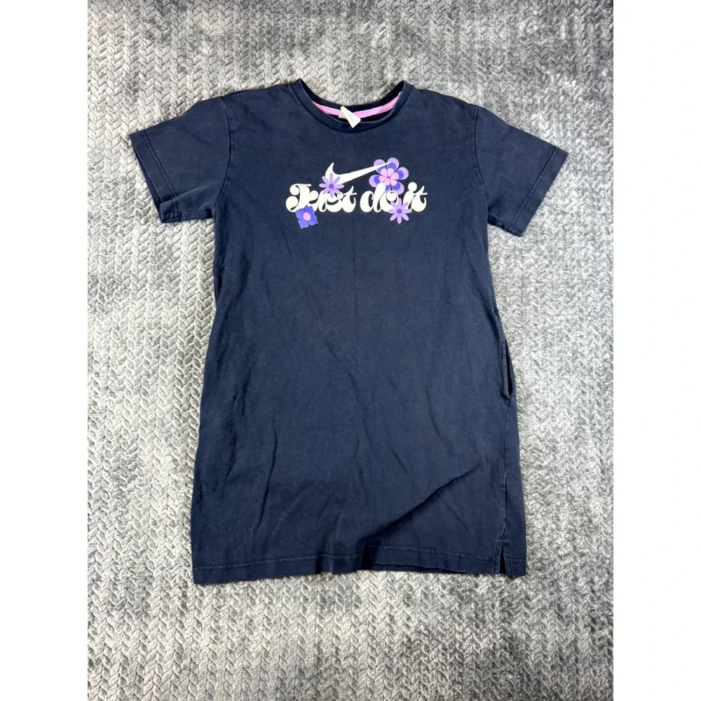 Nike Just Do It T Shirt Dress Girls L Navy Blue Cotton Crew Neck Pocket Pullover